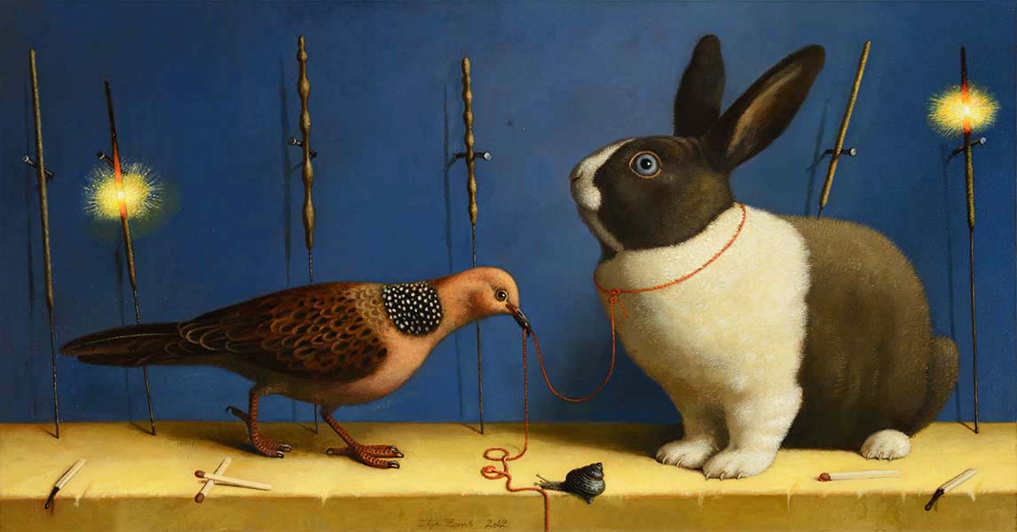 Ilya Zomb, rabbitt, balance in art, animals, birds, oil paintings